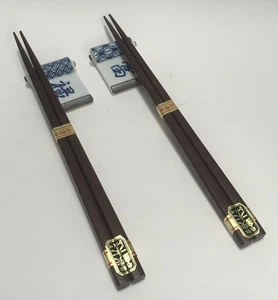 Pair Natural Wood Japanese Sushi SashimiChopsticks & Porcelain Rests Vintage NWT - Picture 1 of 3