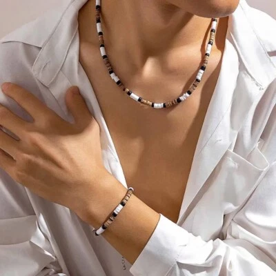 HERRENKETTE UND ARMBAND SET SURFER BRAUN SCHWARZ WEISS TON PERLEN - Bild 1 von 4