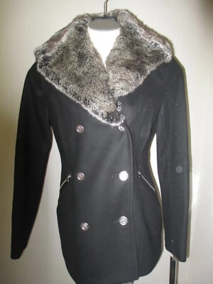 Laundry Faux Fur Wool Double Breasted Peacoat Coat Black Mix - Image 1 of 3
