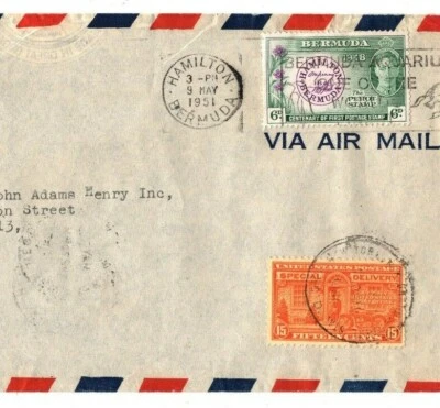 BERMUDA KGVI Cover *USA MIXED FRANKING* 1951 Express Air Special Delivery EB235 - Image 1 of 4