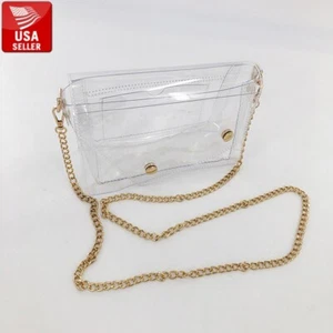 Transparent PVC Clear Shoulder bag Clutch Cellphone Cell Phone Pocket gold chain - Picture 1 of 12