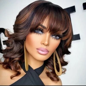 Black with Auburn Highlight Loose Wave Lace Front Remy Human Hair Wig with Bangs - Picture 1 of 5