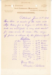 1883 Pittsburgh Iron Market Report - Caughey & Robinson Brief, Preise Roheisen - Bild 1 von 2