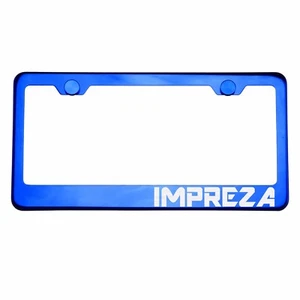 Blue Chrome License Plate Frame IMPREZA Laser Etched Metal Screw Cap - Picture 1 of 8