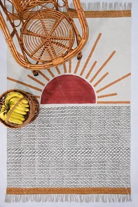Indian Cotton Block Printed Rug, Sunrise Pattern Boho Rug, Home Decor 7x10 Feet - Picture 1 of 8