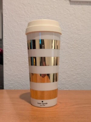 Kate Spade NY Gold/Stripe Thermal Travel Mug. Capacity is 16 oz. - Image 1 of 4