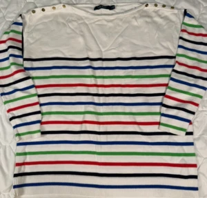 Lauren Ralph Lauren Women's Sweater Size L White Multicolor Stripe Gold Button - Picture 1 of 11