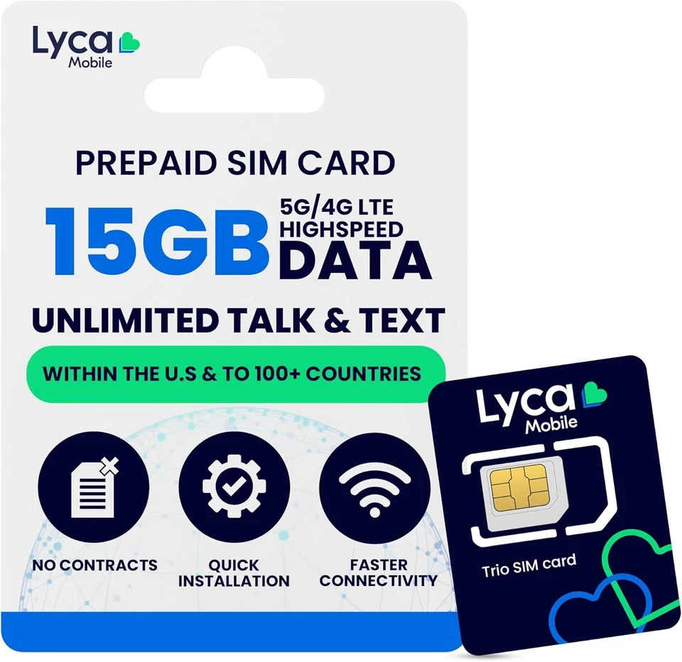 Lycamobile Prepaid SIM Card 15GB W/  10GB Hotspot Unlimited Intl Talk/Text 5G/4G - Image 1 of 4
