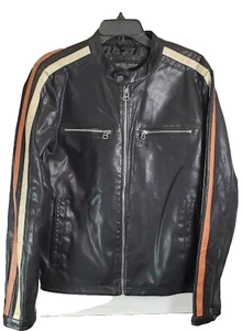 Wilsons Cycle Faux Leather Jacket Size Small Motorcycle Stripes Black Vegan - Picture 1 of 10