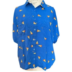 Womens Pizza Lularoe Large Button Up Shirt Blue Pepperoni Cheese Pizza - Picture 1 of 7