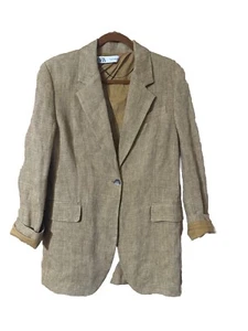 ZARA 100% Linen Women’s Blazer 1 Button Rolled Sleeve Medium Beige - Picture 1 of 19