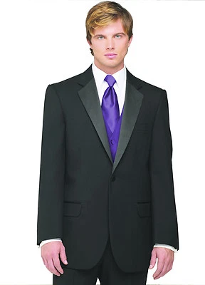 Sizes 34-50 Short 7-Piece Tuxedo Package w/Flat Front Pants, Purple Vest & Tie - Image 1 of 4