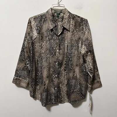 Blusa Lauren Ralph Lauren XL Serpiente Pitón Botón Frontal Manga 3/4 Algodón NUEVA Foto 1 de 4