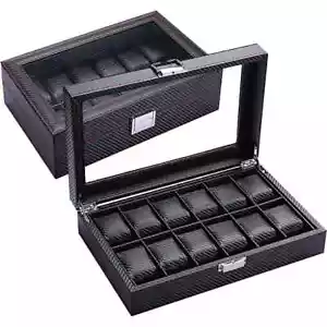 Carbon Fiber Watch Box Multiple Slots with Glass Top Display Watches Storage - Picture 1 of 26