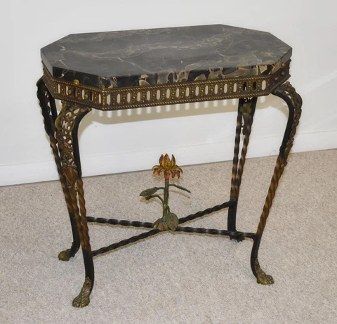 Vintage Italian Marble Top & Iron Side Table Circa 1920's Applied Floral Detail Cover