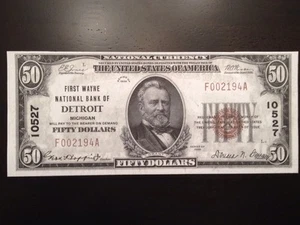 Reproduction $50 National Bank Note 1929 1st Wayne National Bank Detroit, MI - Picture 1 of 10