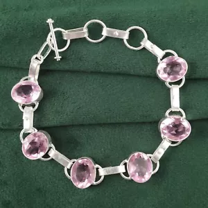Natural Morganite Gemstone Jewelry 925 Sterling Silver Chain Bracelet For Girls - Picture 1 of 9