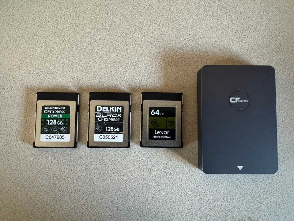 Delkin Devices CF Express Type B Memory Cards And Reader 128gb, 128gb, 64gb - Image 1 of 1