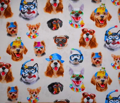 Cotton Fabric 17.75x44" Beach Selfies Puppy Dog Faces on Cream Elizabeths Studio - Image 1 of 2