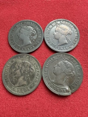 Set Of 4 Coins Canada One Cent Large Coins 1882, 1884, 1890, 1894 (dented Side)  - Image 1 of 4