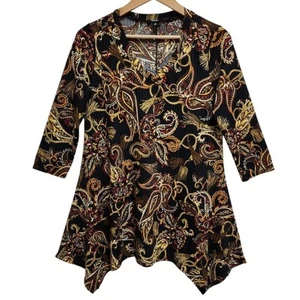 Tacera Tunika Top Damen M schwarz gold Paisley V-Ausschnitt 3/4 Slv Hai Biss dehnbar - Bild 1 von 11