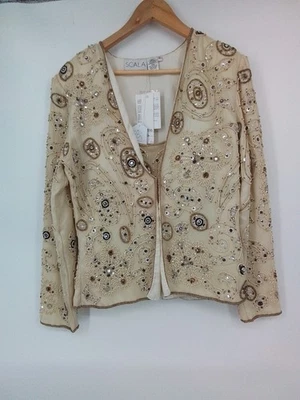 Bustier y chaqueta Scala talla 12 adornados con cuentas de seda crema. Nuevo con etiquetas Foto 1 de 4