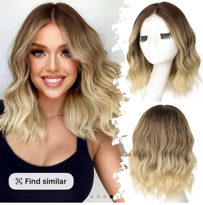 Парик премиум-класса AISI Ombre светлые короткие волнистые волосы 14 дюймов натуральный новый - Изображение 1 из 4