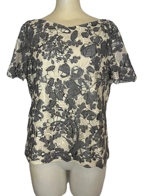 Tory Burch ‘Ian’ Guipure Lace Short Sleeve Top Ivory/Gray Lace Overlay Sz.10 EUC - Image 1 of 4