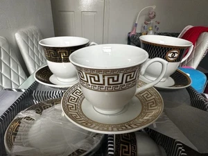 Luxury Greek Key & Designer Style Coffee /Tea Cup Saucer Set  Elegant Gold Trim - Picture 1 of 4