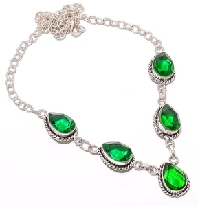 Emerald Quartz (Simulated) Silver Plated Necklace 17.99" T276, Christmas Gift - Picture 1 of 5