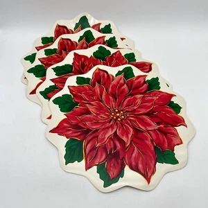 Set Of 4 Vintage 1980s 1990s Vinyl Poinsettia Christmas Placemats Signed TC - Picture 1 of 13