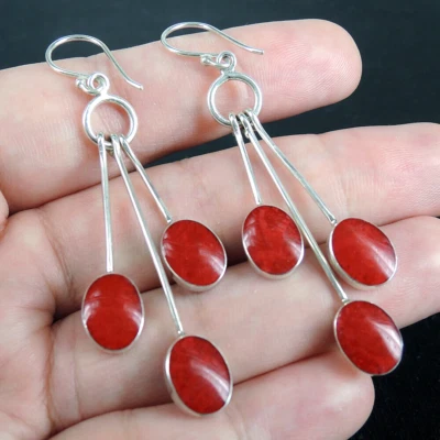925 Sterling Silver Natural Red Coral Chandelier Style Earrings Jewellery RCE-76 - Image 1 of 4
