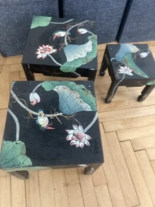 Vintage Asian nesting tables (set of 3) — Hand Painted - Black, Bird Flowers - Picture 1 of 2