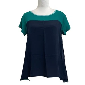 UO Left of Center 100% Silk Navy and Green Colorblock Twofer Blouse sz XS Y2K  - Picture 1 of 8