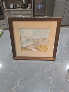 Watercolor Framed Hand Painted Art Mountain Scene Signed EH 11.25" x 12.25" - Picture 1 of 5
