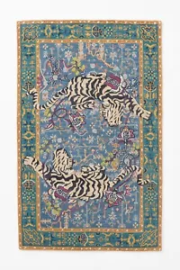 Handgefertigter Wolltufted Teppich Agnes Design blau orientalisch Tiger Muster Dekor - Bild 1 von 3