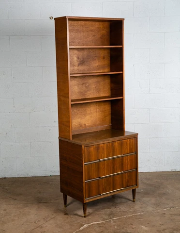 Mid Century Modern Bookshelf Cabinet Walnut 2 piece 3 drawer Vintage Storage Mcm Cover