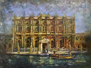 Palazzo Dolmabahce dipinto ad olio Istanbul paesaggio urbano storico arte 12x16 Bosforo - Foto 1 di 3
