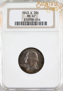 1943 S NGC MS 67 Washington Quarter Twenty Five Cents 25C Pretty Toning (U96) - Bild 1 von 6