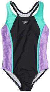 SPEEDO GIRLS BLACK BLUE PLUM LINED RACERBACK SWIMSUIT GIRLS 16 XL - Picture 1 of 2