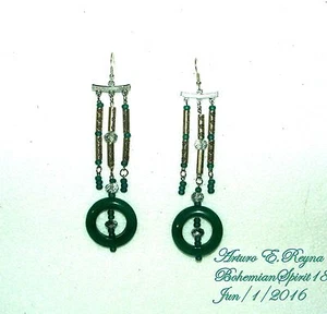 ARTISAN ARTURO E. REYNA JADE RINGS SILVER TONE HANGING CHARMS HANDMADE EARRINGS - Picture 1 of 5