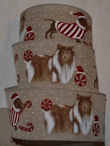 Wired Ribbon~Christmas Collie~Dachshund Dog~Holiday Peppermint~Tan~2.5"~Gift~Bow - Picture 1 of 1