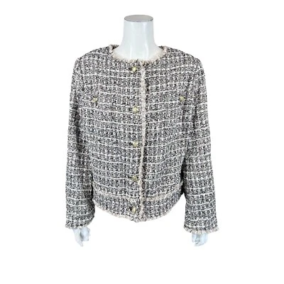 Dennis Basso Women's Tweed Military Jacket with Frayed Hem Black/Tan Size 18W - Image 1 of 2