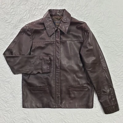 Chaqueta de cuero suave Brooks Brothers para mujer pequeña marrón con cremallera bolsillos con cuello Foto 1 de 4