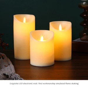 Set of 3 Flameless Moving Wick LED Pillars Candles Light w/ Timer Remote Control - Picture 1 of 11