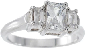 1.5 CT Sterling Silver Platinum Finish Emerald Cut Three Stone Engagement Ring - Picture 1 of 3