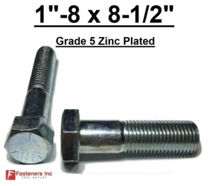 1"-8 x 8-1/2" Hex Bolt Zinc Plated Grade 5 Cap Screw Coarse Partial Thread - Picture 1 of 8