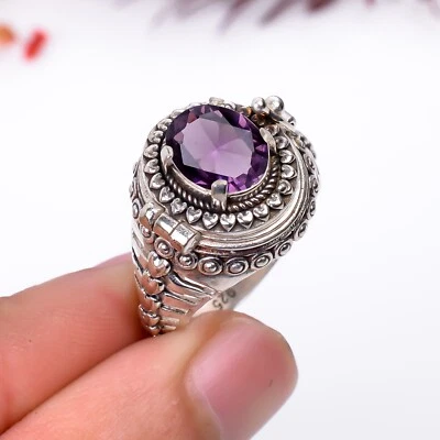 Amethyst Gemstone Handmade Poison Ring 925 Sterling Silver Amethyst Poison Ring. - Image 1 of 4