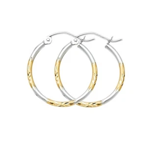 14K Two Tone Gold Diamond Cut Hoop Earrings For Women - Picture 1 of 4