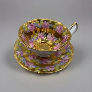 Queen Anne PINK ROSE FLORAL GARLAND CUP & SAUCER Completely Gold Gilded - Picture 1 of 18